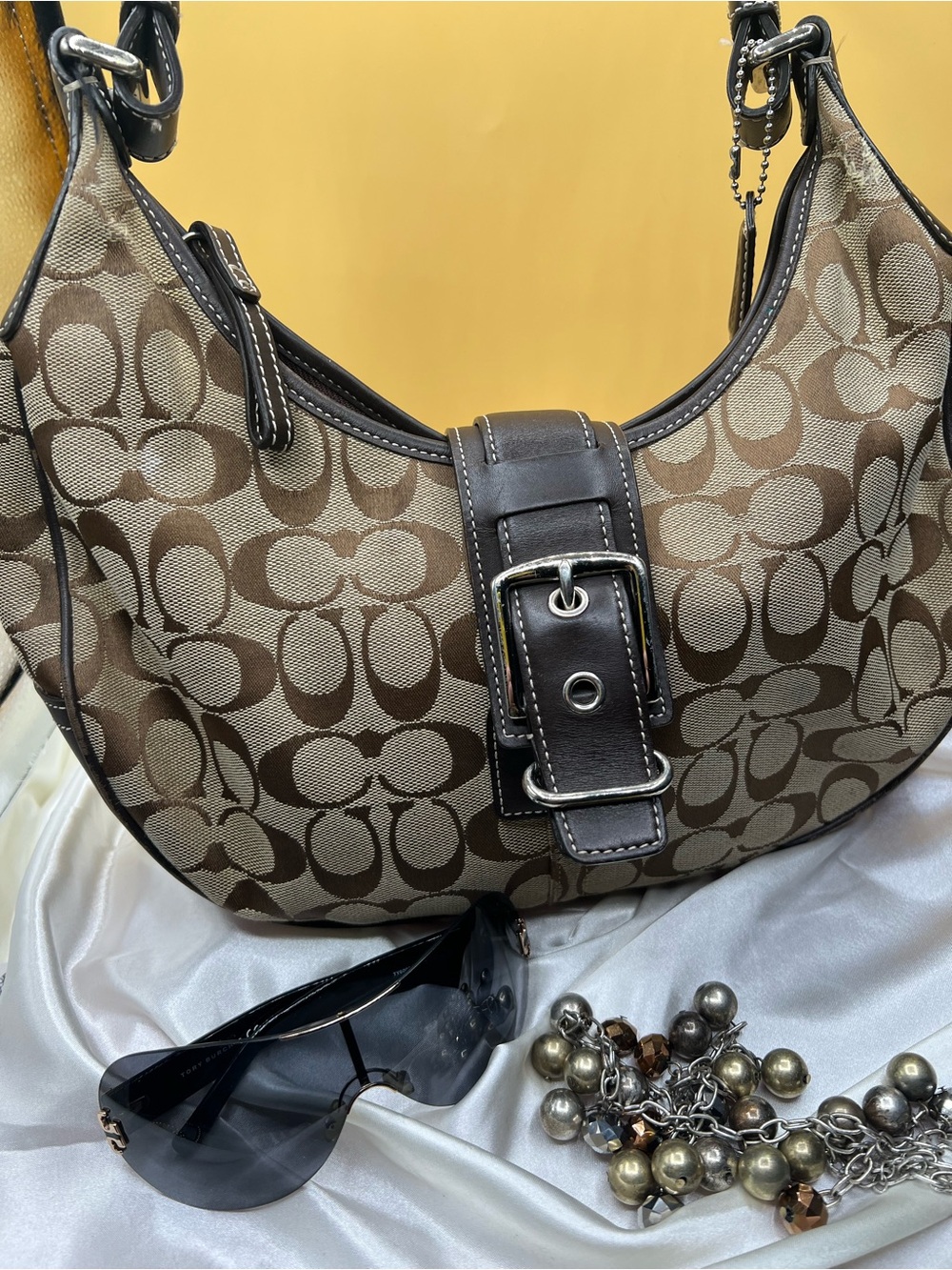 Coach Brown Signature Canvas Hobo with Dark Brown Leather Trim